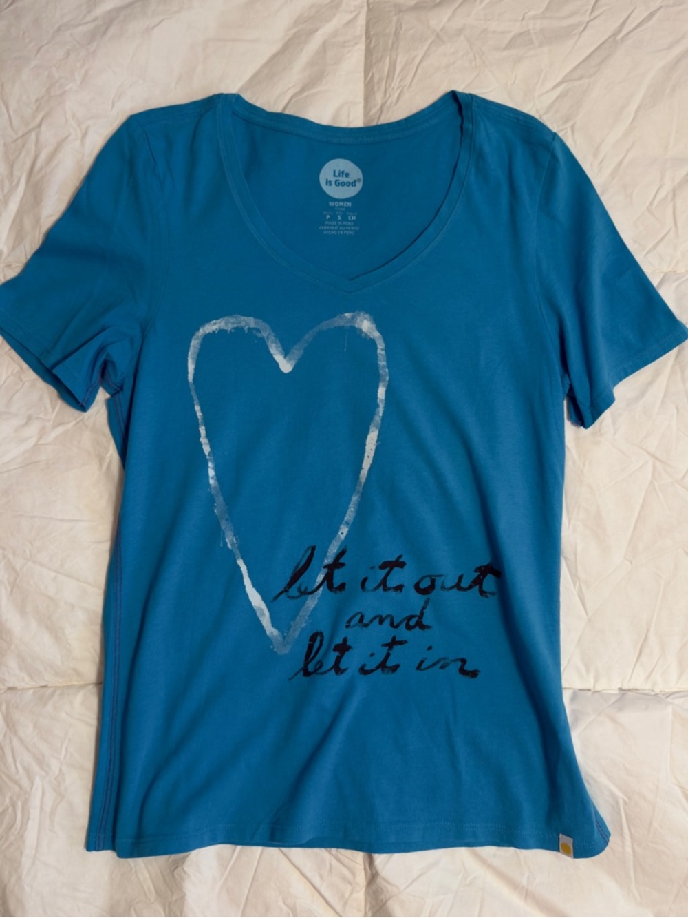Life Is Good Heart Graphic V-Neck Statement Tee Womens Small Teal